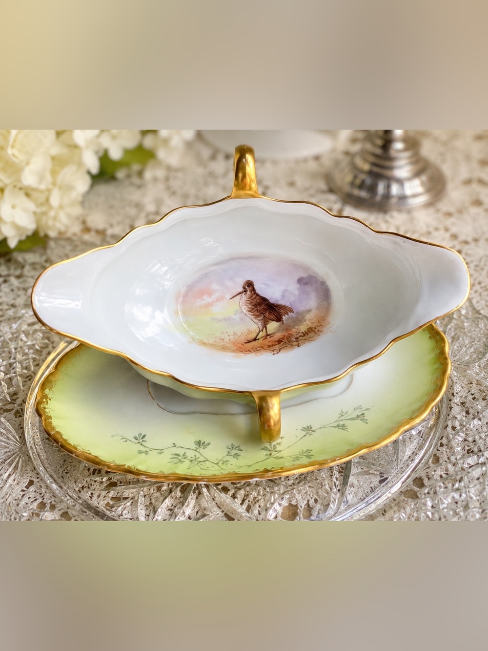 Antique Haviland Limoges Hand Painted Woodcock Gravy Boat & Underplate France